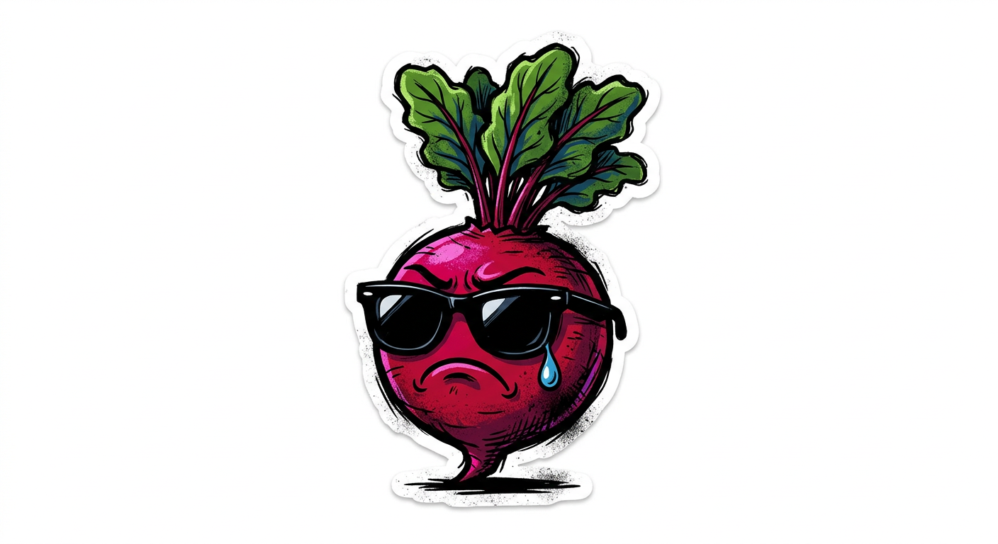 Cartoon beet wearing sunglasses with a tear rolling down its cheek